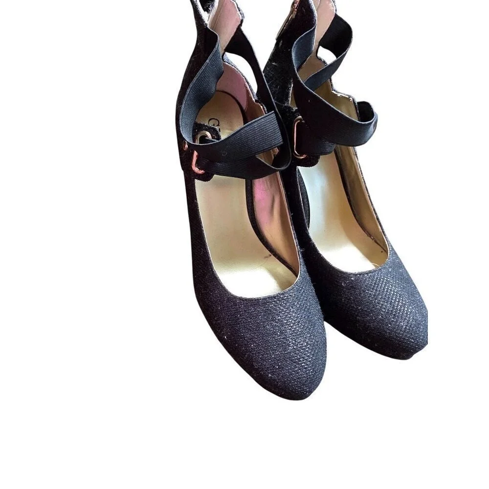 Guess Black‎ Glitter Fabric Platform Heels With Back Zipper & Ankle Strap 8.5M